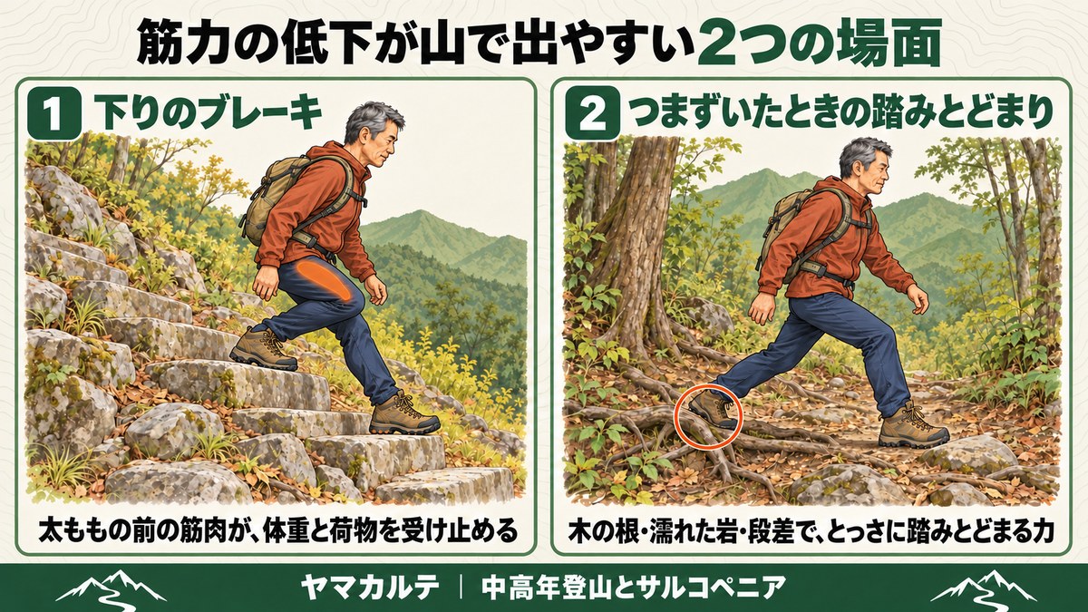 筋力の低下が山で出やすい2つの場面 下りで太ももの前の筋肉が体重と荷物を受け止めるブレーキと 木の根につまずいたときの踏みとどまり ヤマカルテ