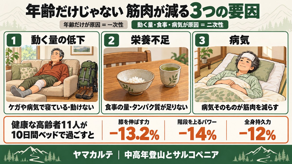 年齢だけじゃない筋肉が減る3つの要因 動く量の低下・栄養不足・病気による二次性サルコペニア 健康な高齢者11人が10日間ベッドで過ごすと膝を伸ばす力−13.2% 階段を上るパワー−14% 全身持久力−12% ヤマカルテ