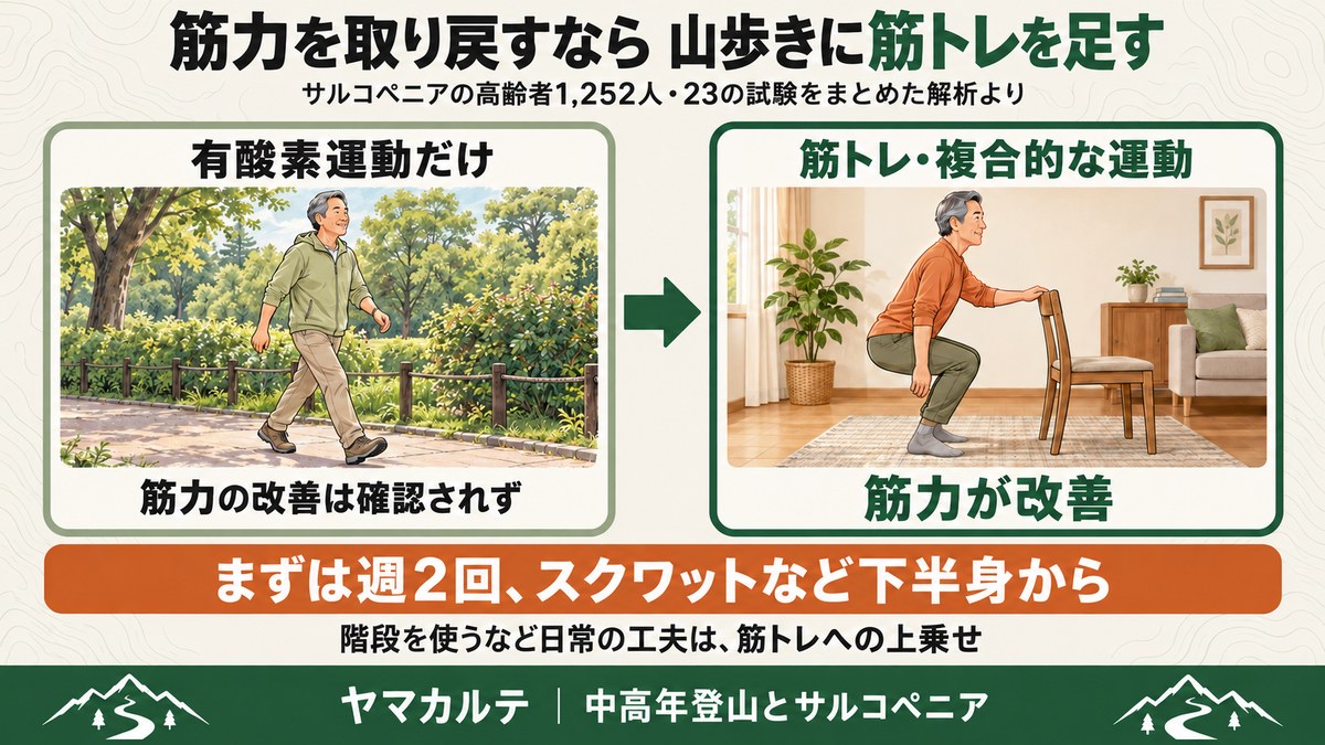 筋力を取り戻すなら山歩きに筋トレを足す 有酸素運動だけでは筋力の改善は確認されず 筋トレ・複合的な運動で筋力が改善 まずは週2回スクワットなど下半身から ヤマカルテ