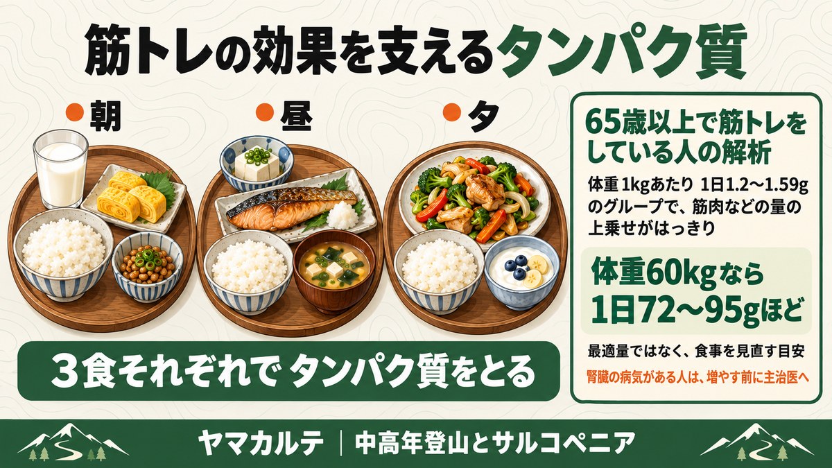 筋トレの効果を支えるタンパク質 朝昼夕の3食それぞれでタンパク質をとる 65歳以上の解析で体重1kgあたり1日1.2〜1.59g 体重60kgなら1日72〜95gほど ヤマカルテ