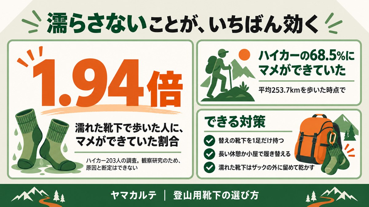 濡れた登山用靴下とマメの図解 濡れた靴下で歩いた人はマメができていた割合が1.94倍 ハイカーの68.5%にマメ 平均253.7km ヤマカルテ