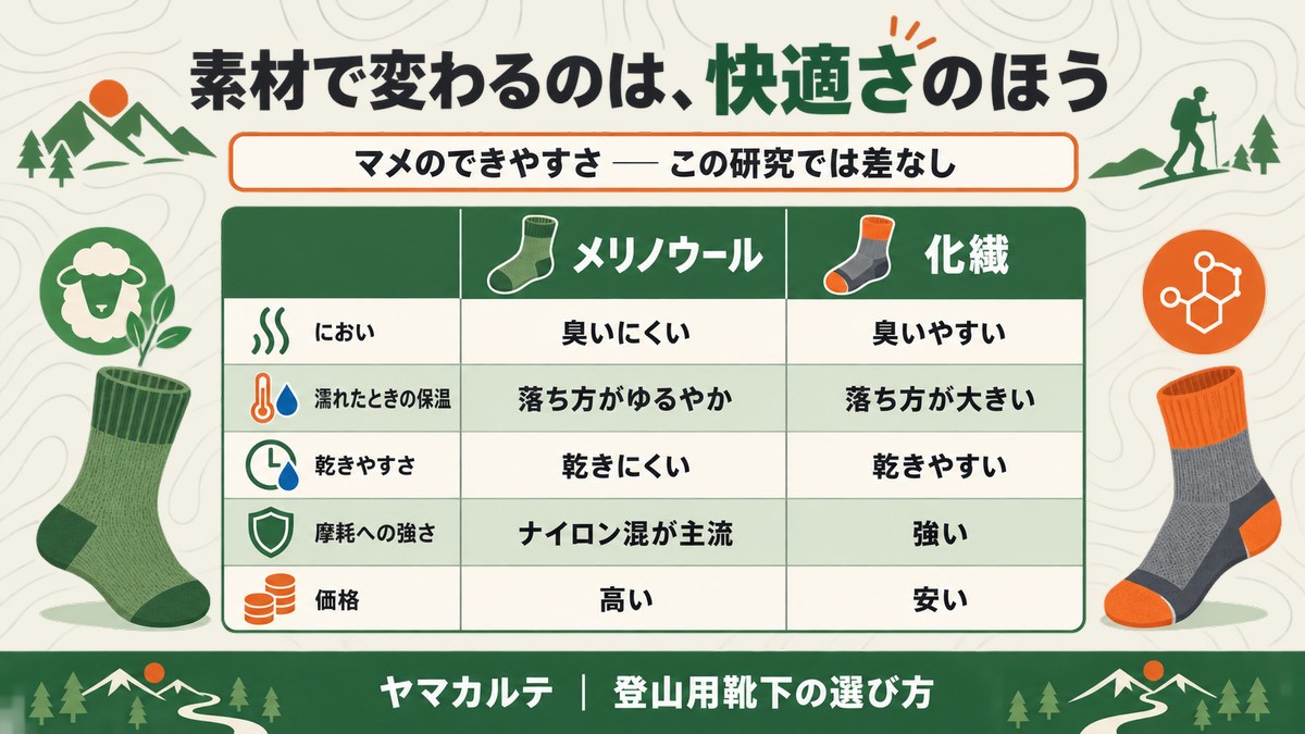 登山用靴下のメリノウールと化繊の比較図解 マメのできやすさはこの研究では差なし におい・濡れたときの保温・乾きやすさ・摩耗・価格の違い ヤマカルテ