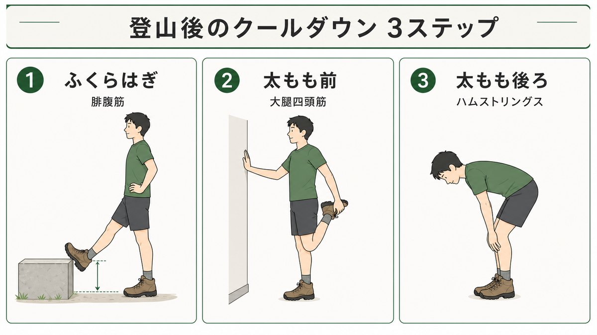登山後のクールダウンに効く静的ストレッチ3ステップ ふくらはぎ(腓腹筋)・太もも前(大腿四頭筋)・太もも後ろ(ハムストリングス)の正しいやり方を理学療法士が図解 ヤマカルテ