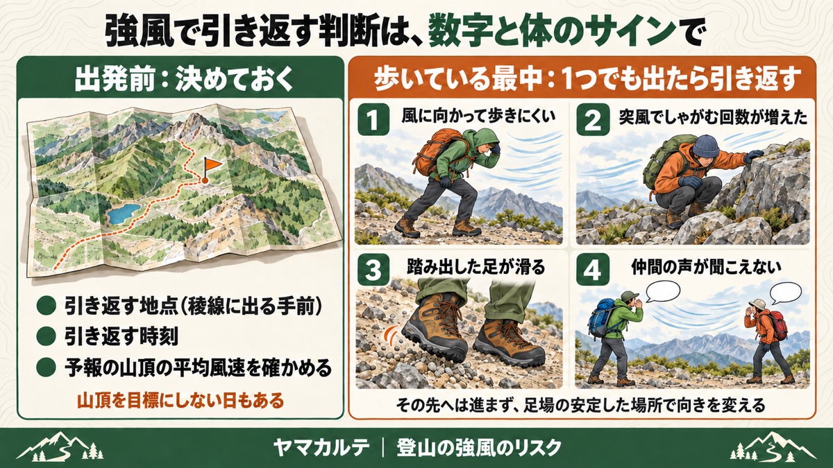 強風で引き返す判断 出発前に引き返す地点と時刻と山頂の平均風速を決める 歩いている最中は歩きにくい・しゃがむ回数が増えた・足が滑る・仲間の声が聞こえないの4つで引き返す ヤマカルテ