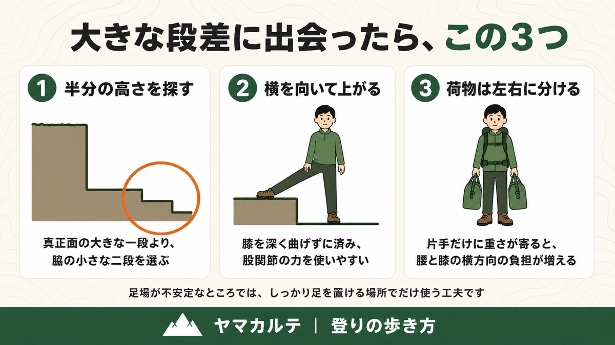 大きな段差に出会ったときの3つの対処 半分の高さを探す・横を向いて上がる・荷物は左右に分ける 登山の登りの歩き方 ヤマカルテ