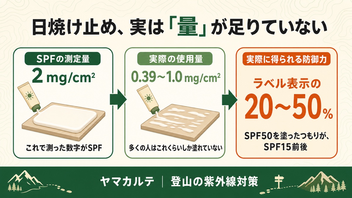日焼け止めの規定量2mg/cm2と実際の使用量0.39〜1.0mg/cm2、実際に得られる防御力はラベル表示の20〜50%であることを示す図解 ヤマカルテ