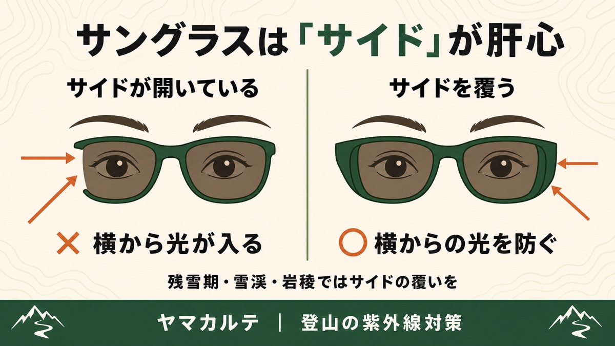 サングラスはサイドの覆いが肝心 サイドが開いていると横から光が入り覆うと横からの光を防げることを示す図解 ヤマカルテ