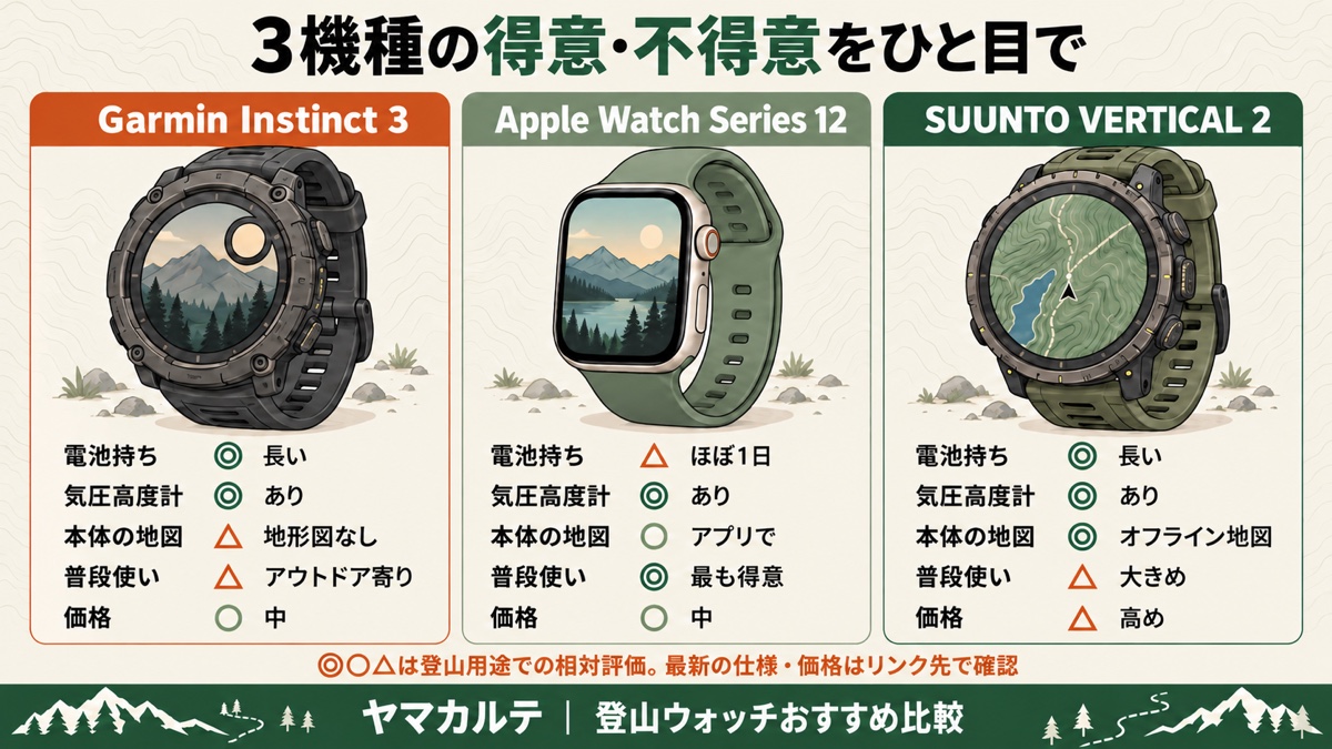 3機種の得意・不得意をひと目で Garmin Instinct 3（電池◎・地形図なし）・Apple Watch Series 12（電池△・普段使い◎）・SUUNTO VERTICAL 2（電池◎・オフライン地図◎・価格△）を比べた図解 ヤマカルテ