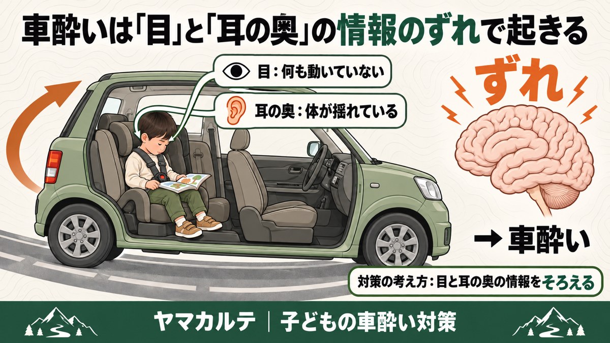 車酔いは目と耳の奥の情報のずれで起きる チャイルドシートで絵本を見る子どもの目は何も動いていない、耳の奥は体が揺れていると伝え、脳でずれが生じて車酔いになるしくみ 対策は情報をそろえること 図解 ヤマカルテ
