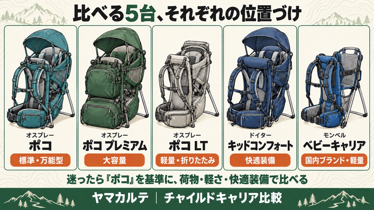 比べる5台それぞれの位置づけ オスプレー ポコ=標準・万能型、ポコ プレミアム=大容量、ポコ LT=軽量・折りたたみ、ドイター キッドコンフォート=快適装備、モンベル ベビーキャリア=国内ブランド・軽量 迷ったらポコを基準に比べる ヤマカルテ