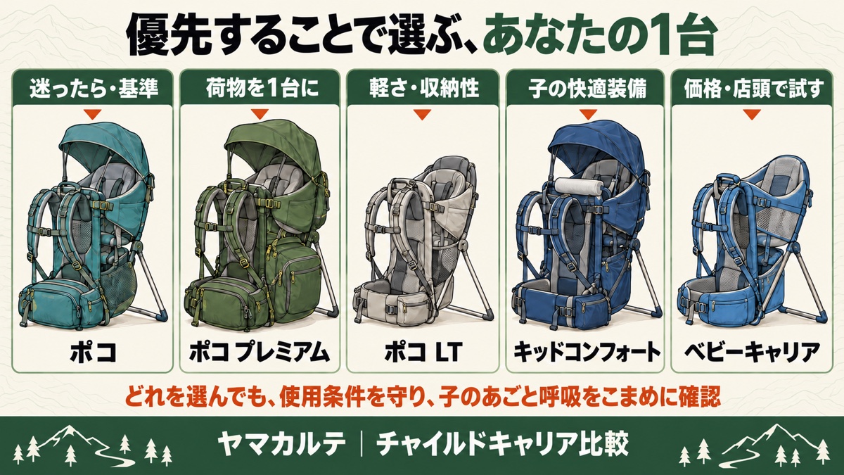 優先することで選ぶチャイルドキャリア 迷ったらポコ、荷物を1台にならポコ プレミアム、軽さ・収納性ならポコ LT、子の快適装備ならキッドコンフォート、価格・店頭で試すならモンベル ベビーキャリア ヤマカルテ