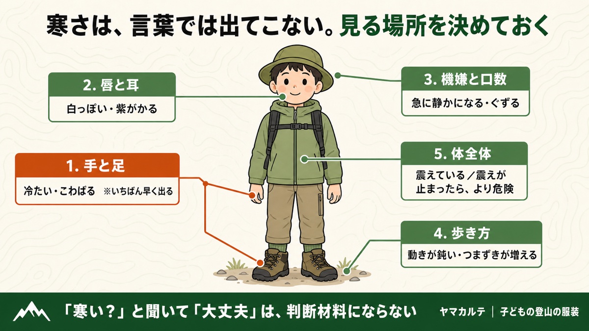 寒いと言えない子を見る5か所 手と足がいちばん早く出る・唇と耳・機嫌と口数・歩き方・体全体の震え ヤマカルテ