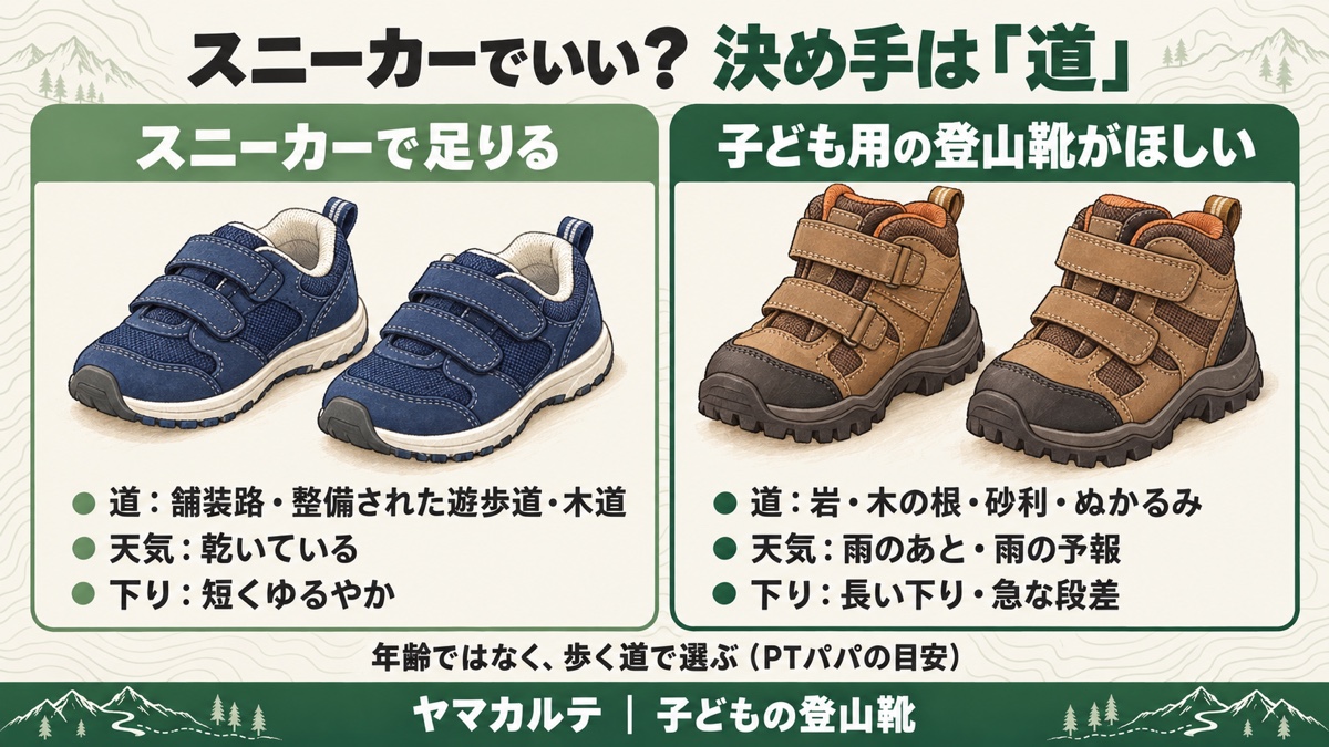 スニーカーでいい?決め手は道 舗装路・遊歩道・木道で乾いた道と短い下りはスニーカー 岩・木の根・ぬかるみ・雨のあと・長い下りは子ども用の登山靴 ヤマカルテ