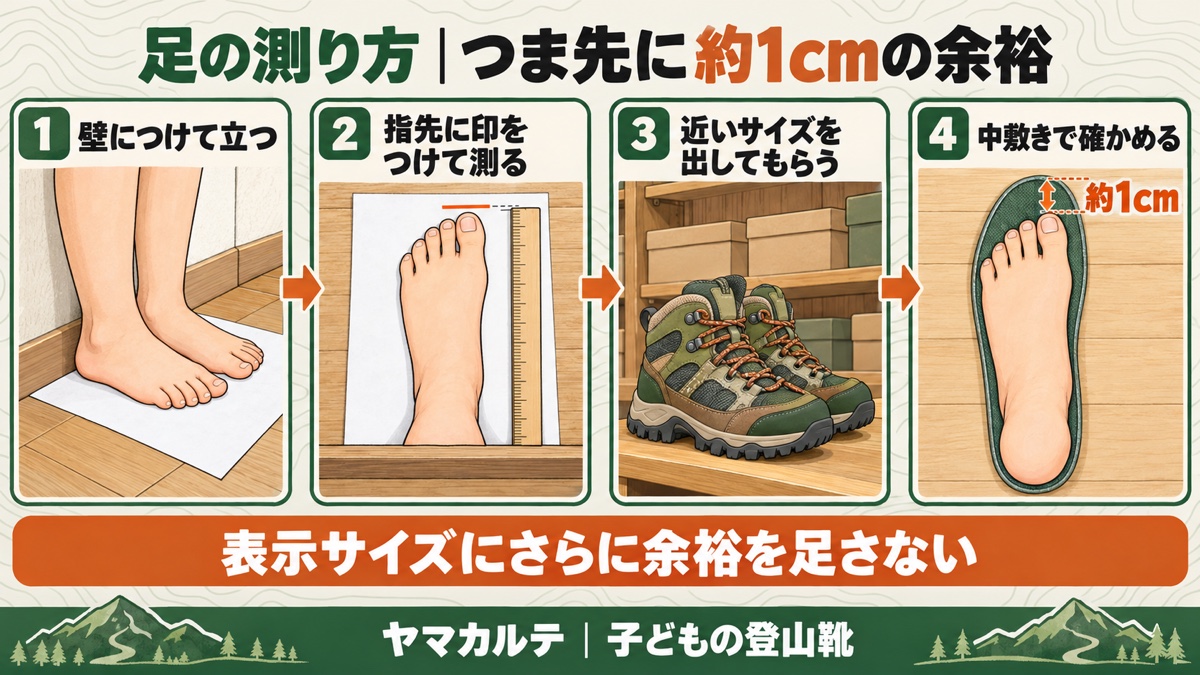 子どもの足の測り方 壁につけて立つ・指先に印をつけて測る・近いサイズを出してもらう・中敷きでつま先に約1cmの余裕を確かめる 表示サイズにさらに余裕を足さない ヤマカルテ