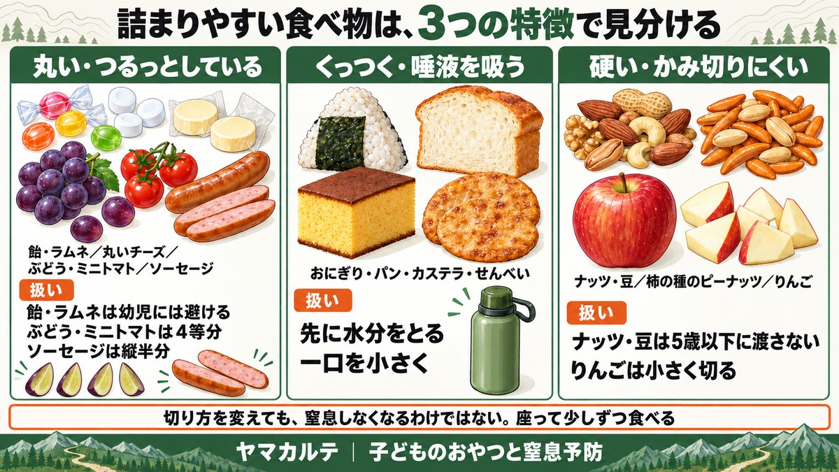 子どもが詰まりやすい食べ物の3つの特徴 丸い・つるっとしている(飴・ラムネ・丸いチーズ・ぶどう・ミニトマト・ソーセージ)、くっつく・唾液を吸う(おにぎり・パン・カステラ・せんべい)、硬い・かみ切りにくい(ナッツ・豆・柿の種のピーナッツ・りんご)と、ぶどうは4等分・ソーセージは縦半分などの扱い ヤマカルテ