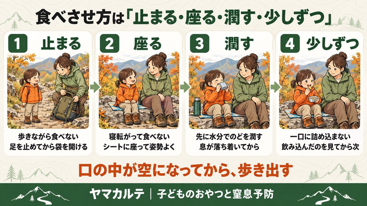 子どもの安全なおやつの食べさせ方 止まる・座る・潤す・少しずつの4ステップ 歩きながら食べない、シートに座って姿勢よく、先に水分でのどを潤す、一口に詰め込まず飲み込んだのを見てから次 口の中が空になってから歩き出す ヤマカルテ