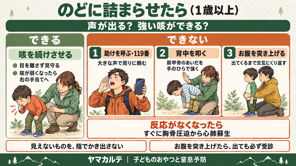 子どもがのどに食べ物を詰まらせたときの手当て(1歳以上) 声が出て強い咳ができるなら咳を続けさせて見守る、できないなら助けを呼んで119番・背中を叩く・お腹を突き上げるをくり返す、反応がなくなったらすぐに胸骨圧迫から心肺蘇生 見えないものを指でかき出さない、お腹を突き上げたら必ず受診 ヤマカルテ
