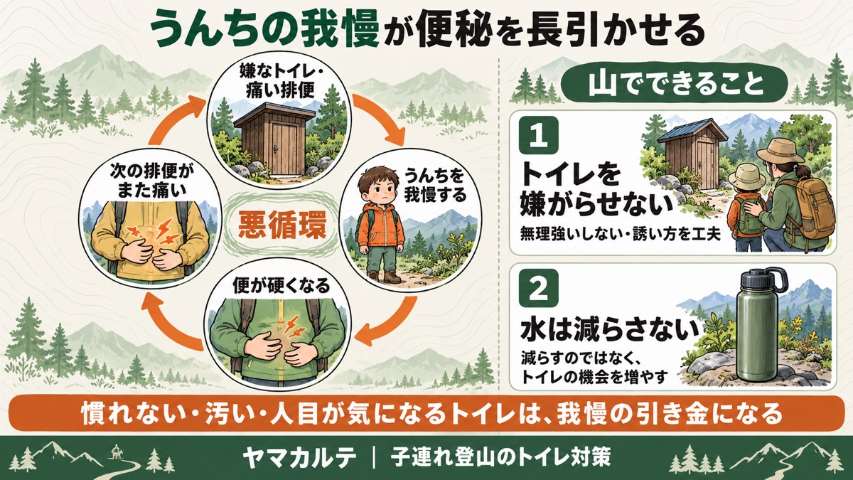 うんちの我慢が便秘を長引かせる悪循環 嫌なトイレ・痛い排便→我慢→便が硬くなる→次の排便がまた痛い 山ではトイレを嫌がらせず水は減らさない ヤマカルテ