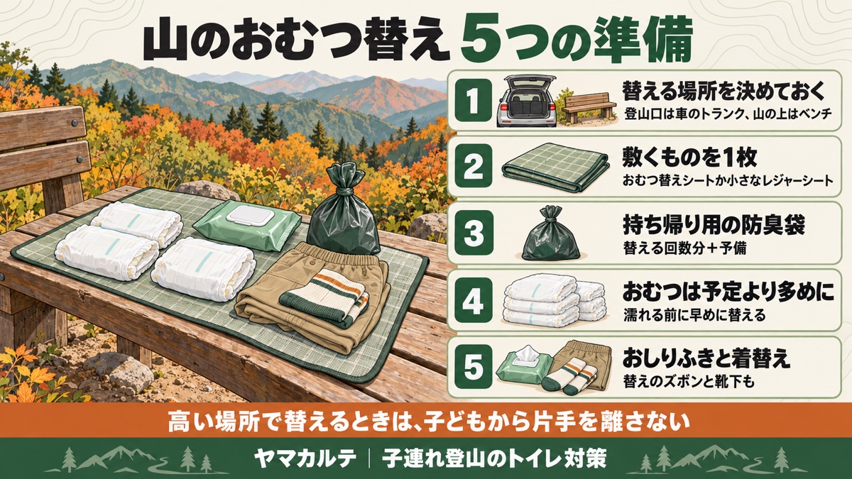山のおむつ替え5つの準備 替える場所を決めておく・敷くものを1枚・持ち帰り用の防臭袋・おむつは予定より多めに・おしりふきと着替え 高い場所では子どもから片手を離さない ヤマカルテ