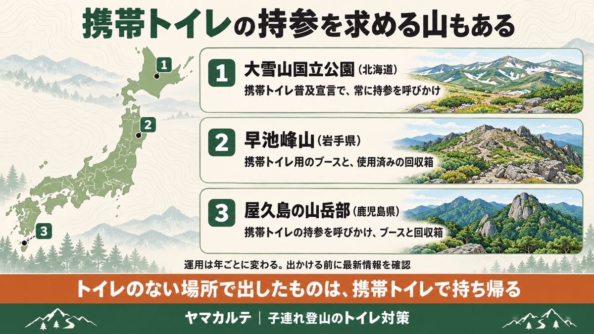 携帯トイレの持参を求める山 大雪山国立公園(北海道)・早池峰山(岩手県)・屋久島の山岳部(鹿児島県) トイレのない場所で出したものは携帯トイレで持ち帰る ヤマカルテ