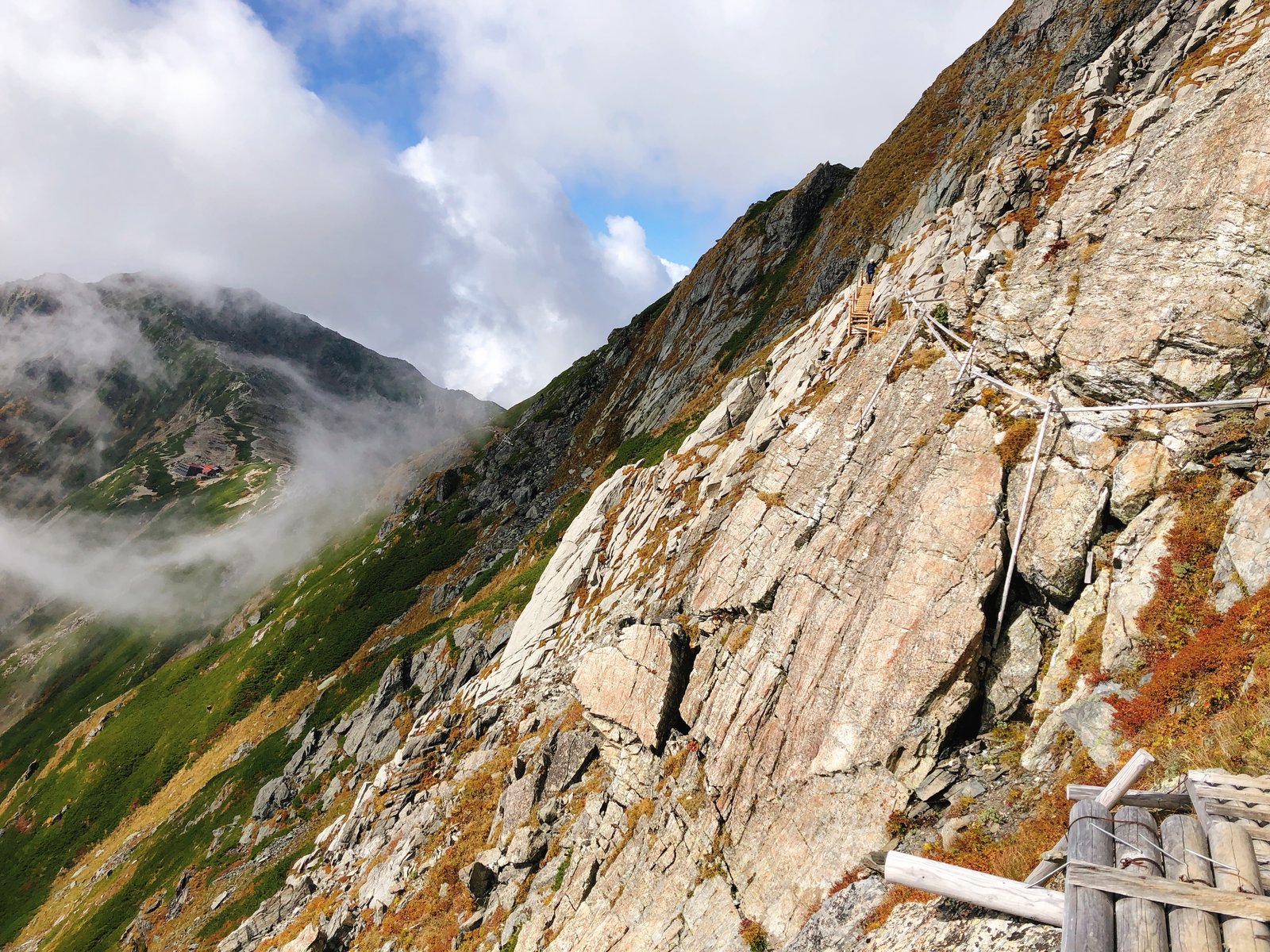 八本歯のコルへ向かう崖沿いの巻き道 北岳の山腹 高度感のあるルート