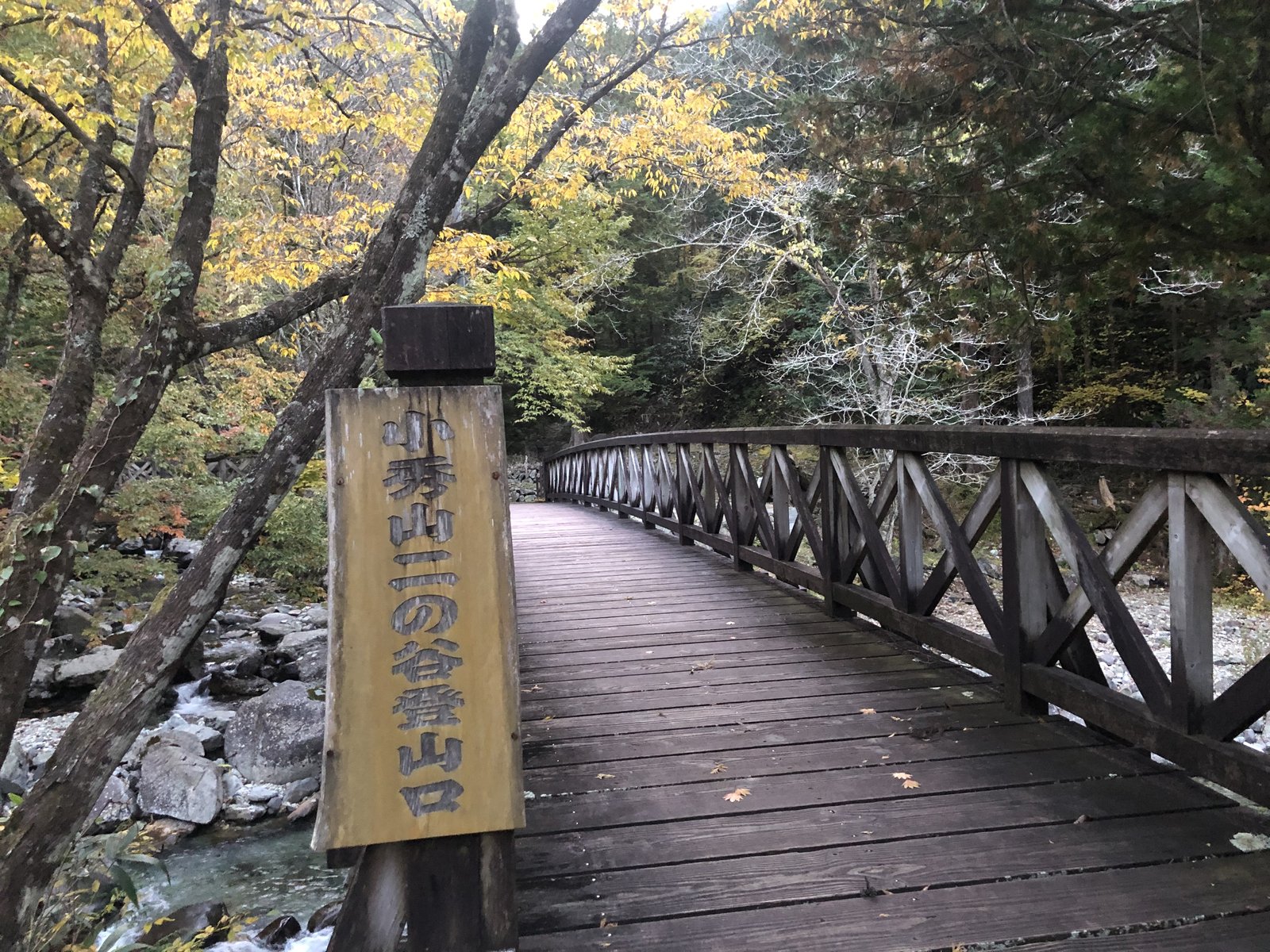 小秀山 二ノ谷登山口の標柱と乙女渓谷にかかる木橋