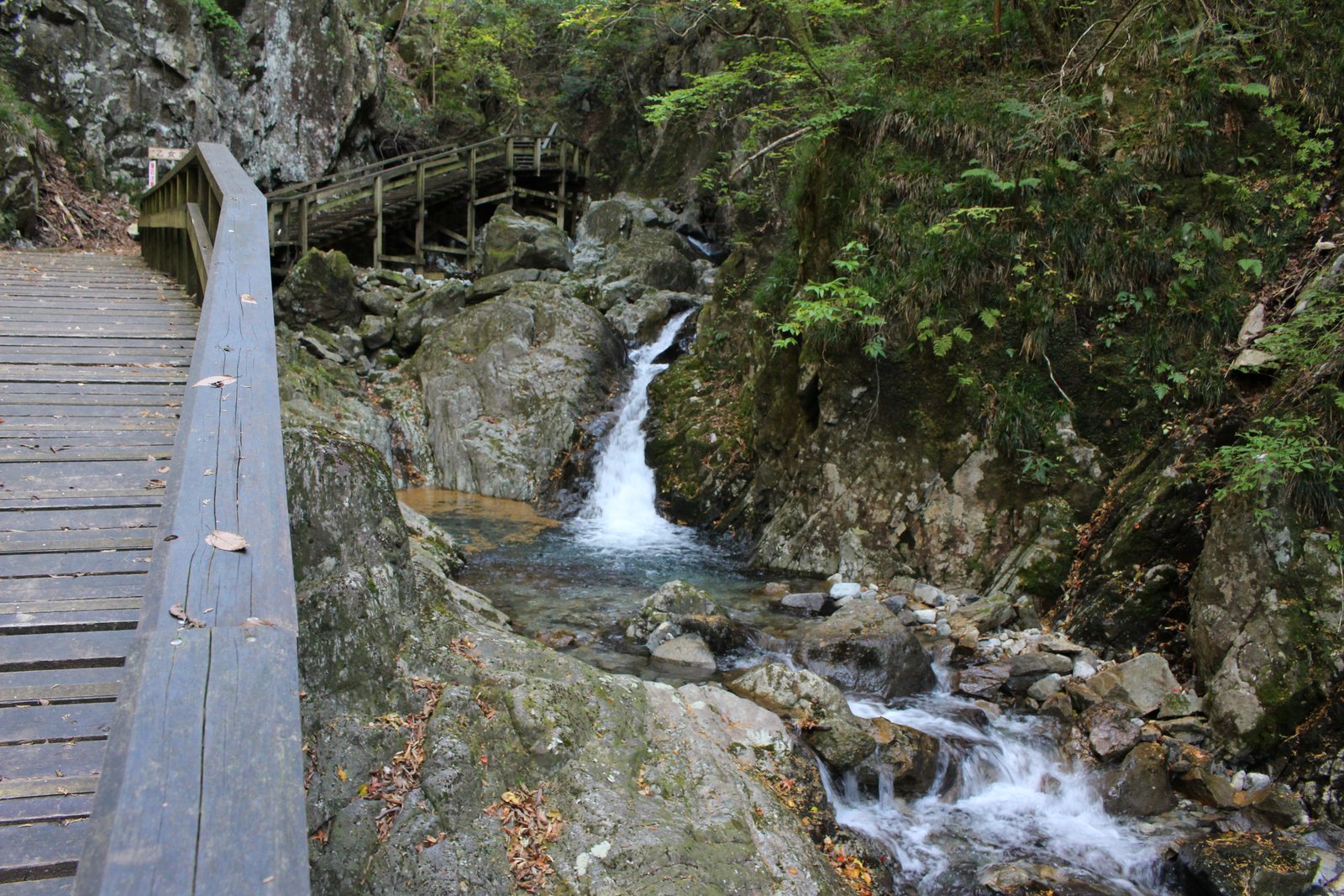 昼の光で撮り直した乙女淵の滝と木道 乙女渓谷 小秀山