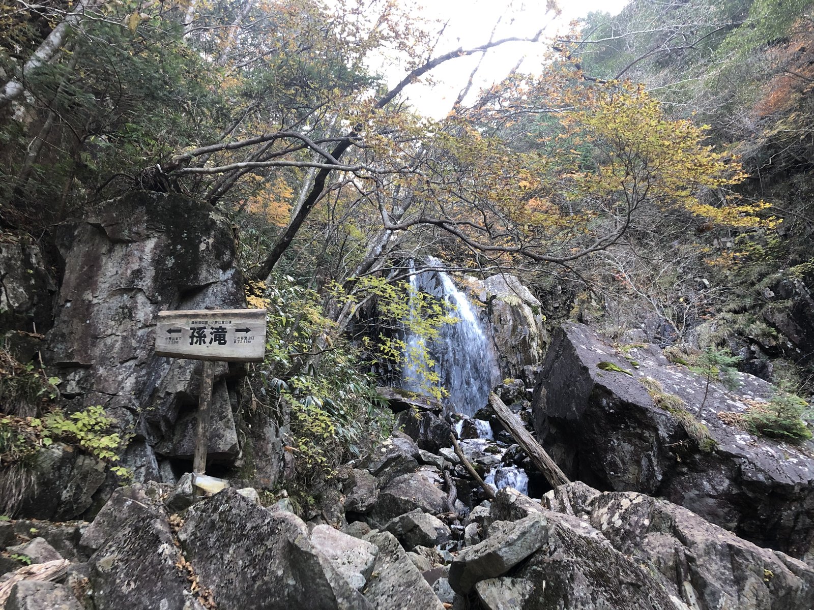 紅葉の中の孫滝と道標 最終水場 小秀山 二ノ谷ルート