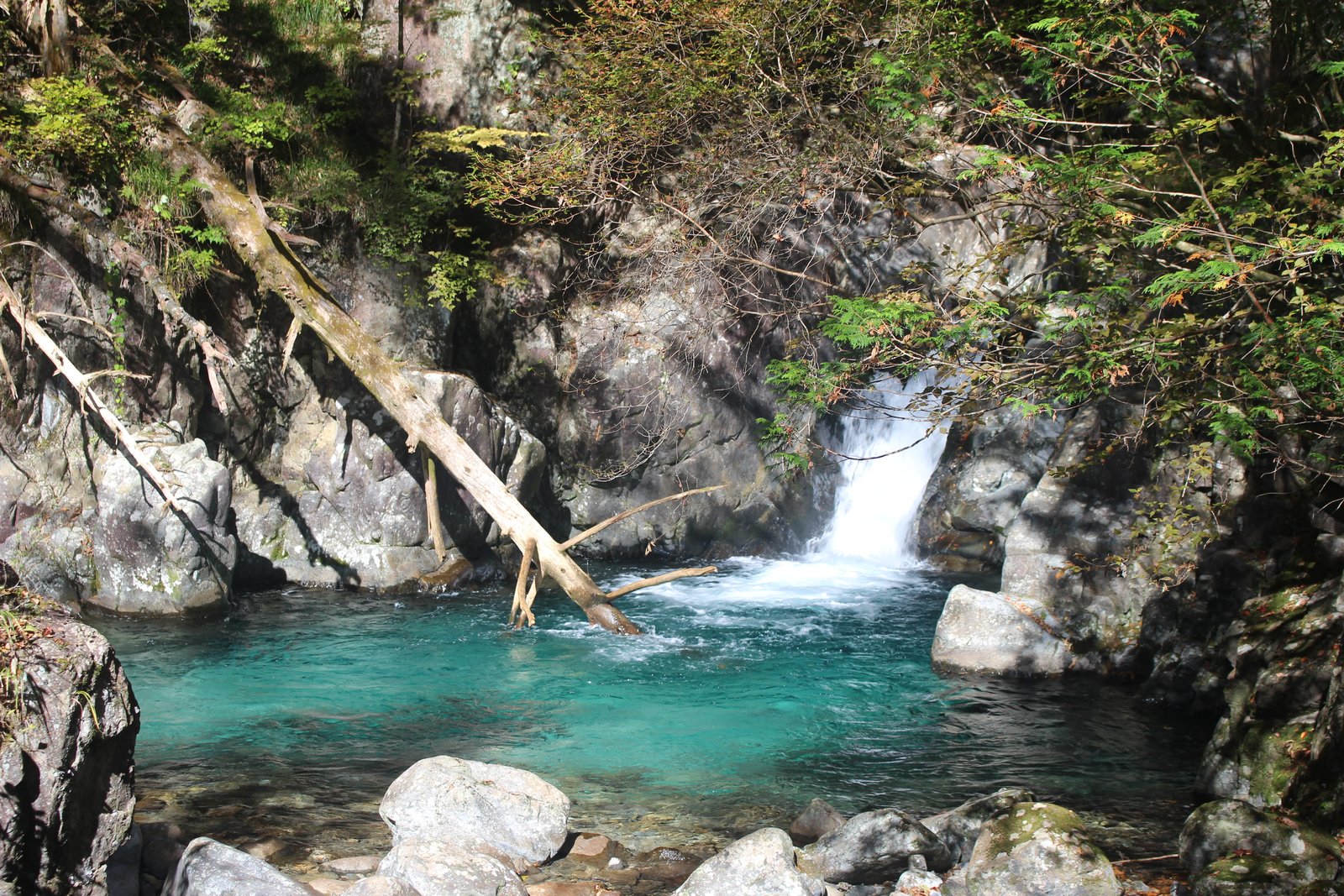 エメラルドグリーンの滝つぼが美しい魚止の滝 乙女渓谷 小秀山