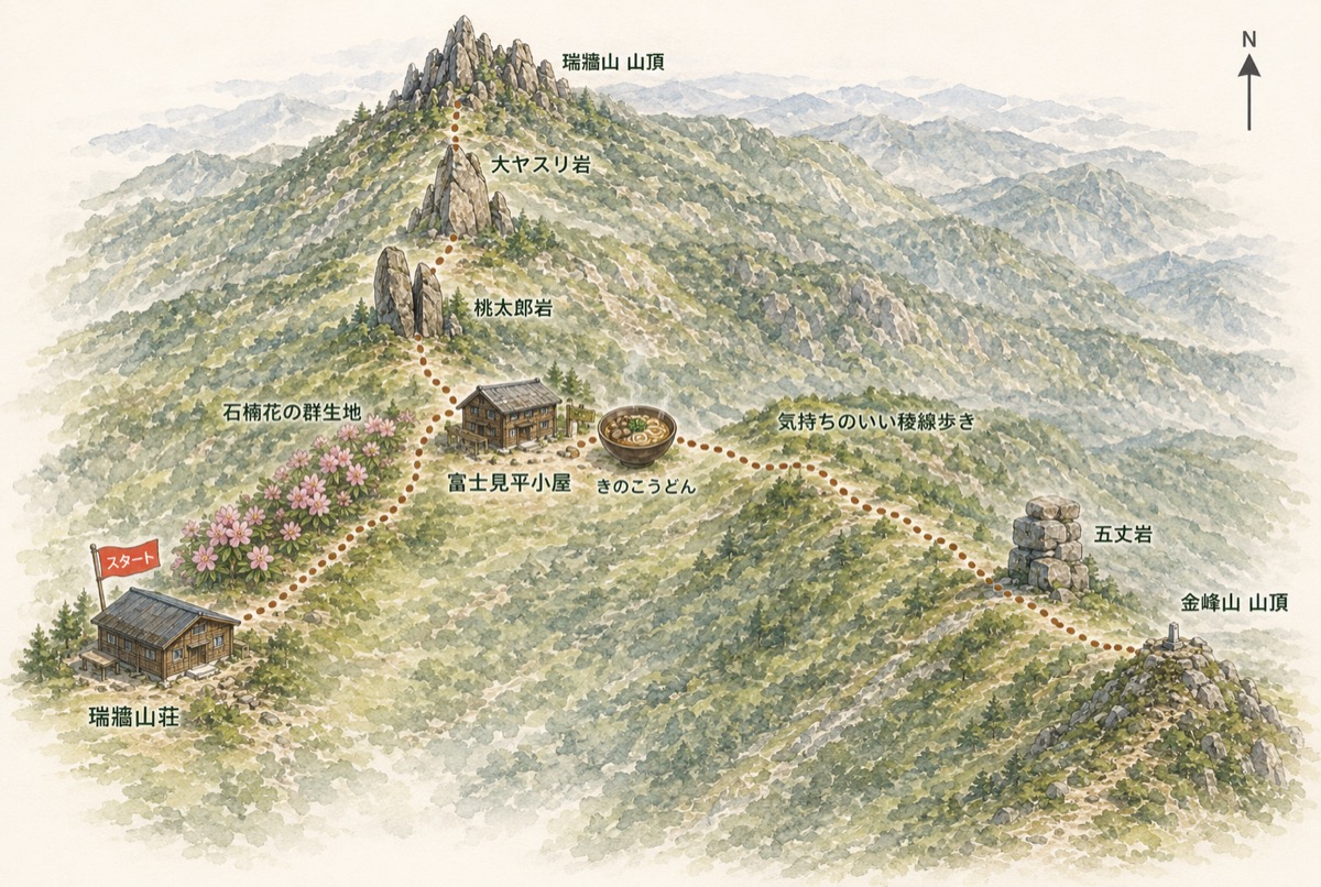 瑞牆山・金峰山 日帰りルートの鳥瞰図 瑞牆山荘から富士見平小屋で分岐し北の瑞牆山と東の金峰山を巡る 奥秩父