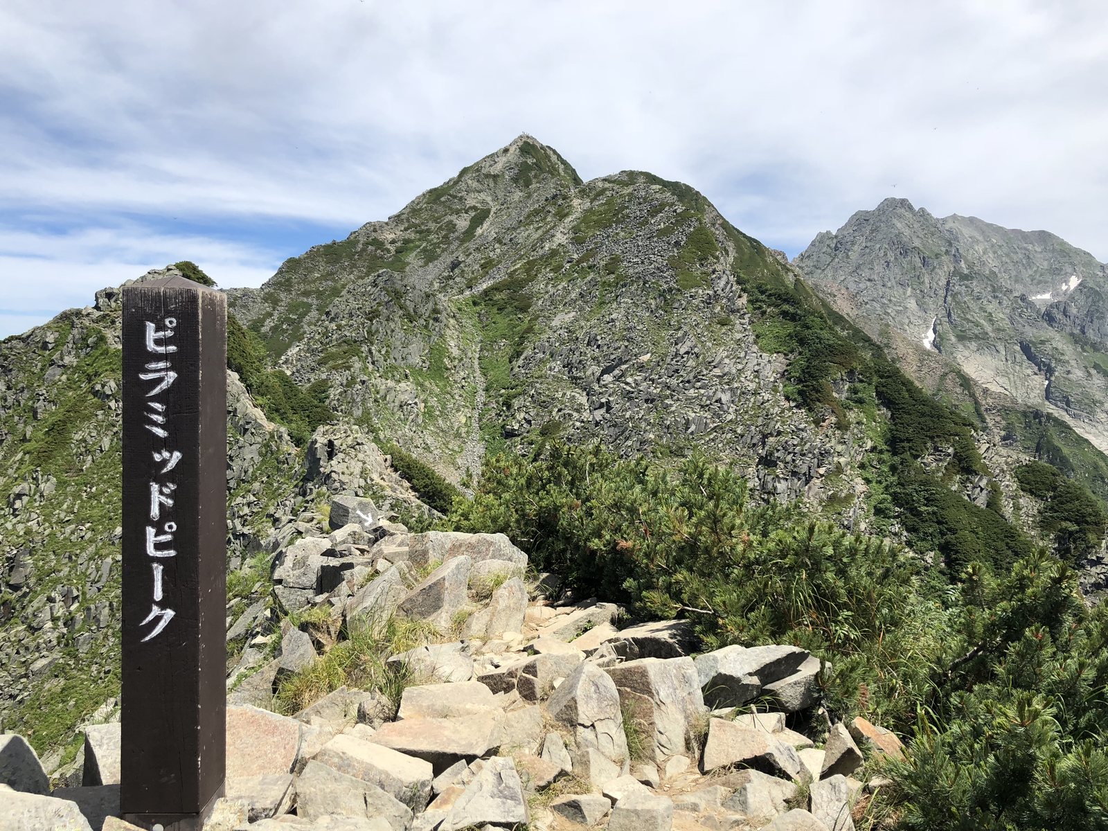 ピラミッドピークの標柱と奥に見える西穂高岳山頂の人影