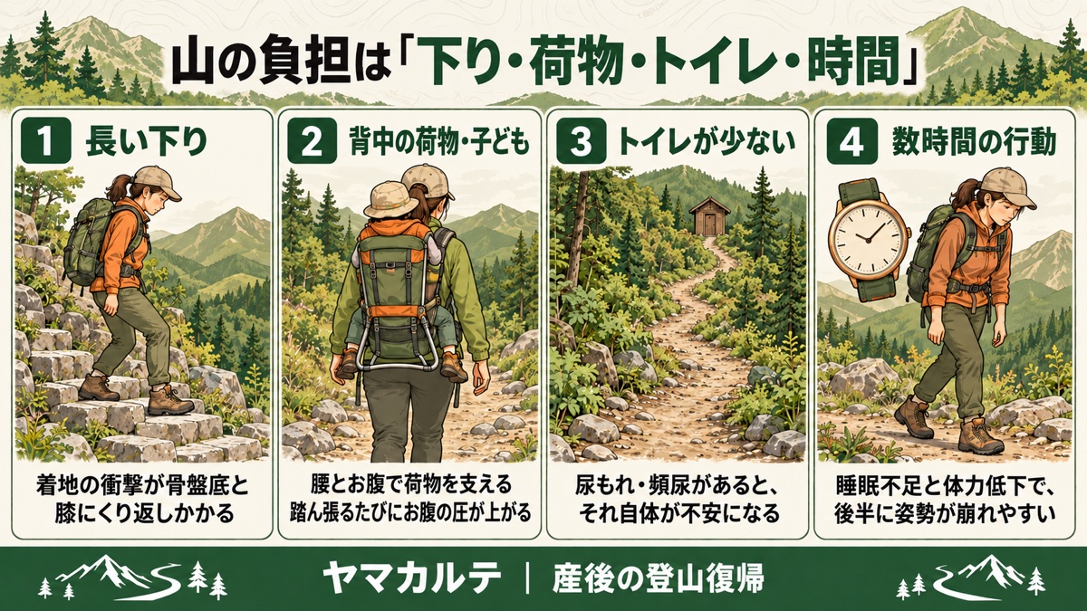 産後の山の負担 長い下り・背中の荷物と子ども・トイレが少ない・数時間の行動が産後の体のどこに響くか ヤマカルテ