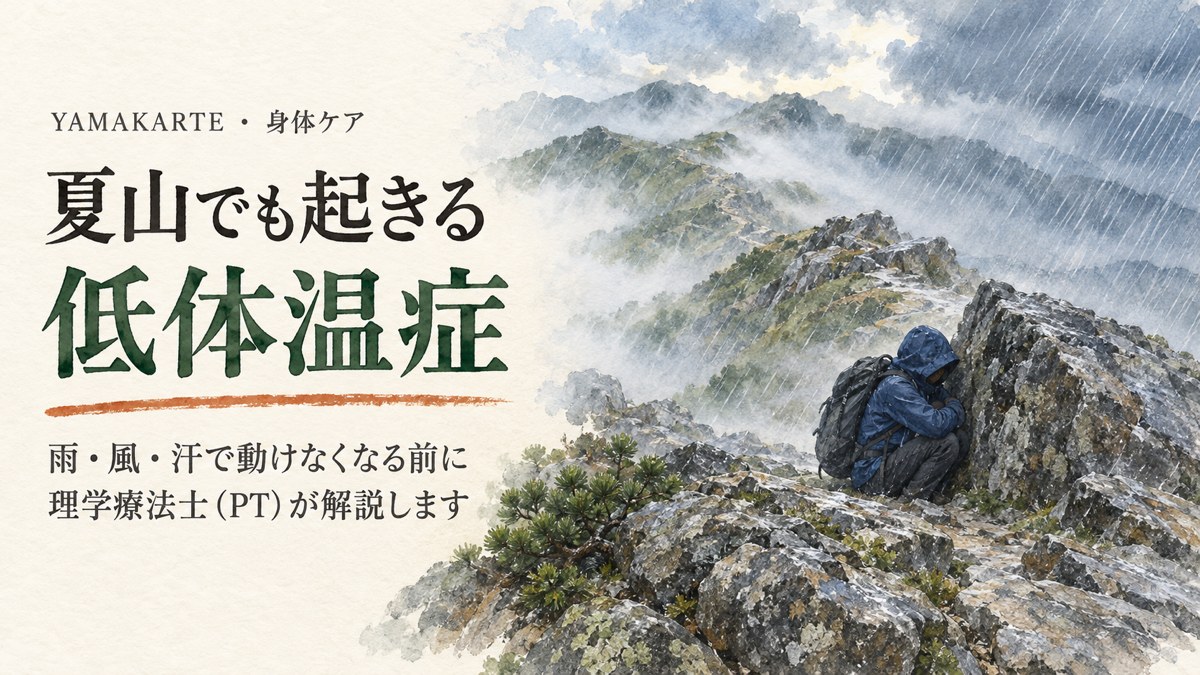 夏山でも起きる低体温症 雨と風の稜線で岩陰に身を縮める登山者 雨・風・汗で動けなくなる前の対策を理学療法士が解説 ヤマカルテ