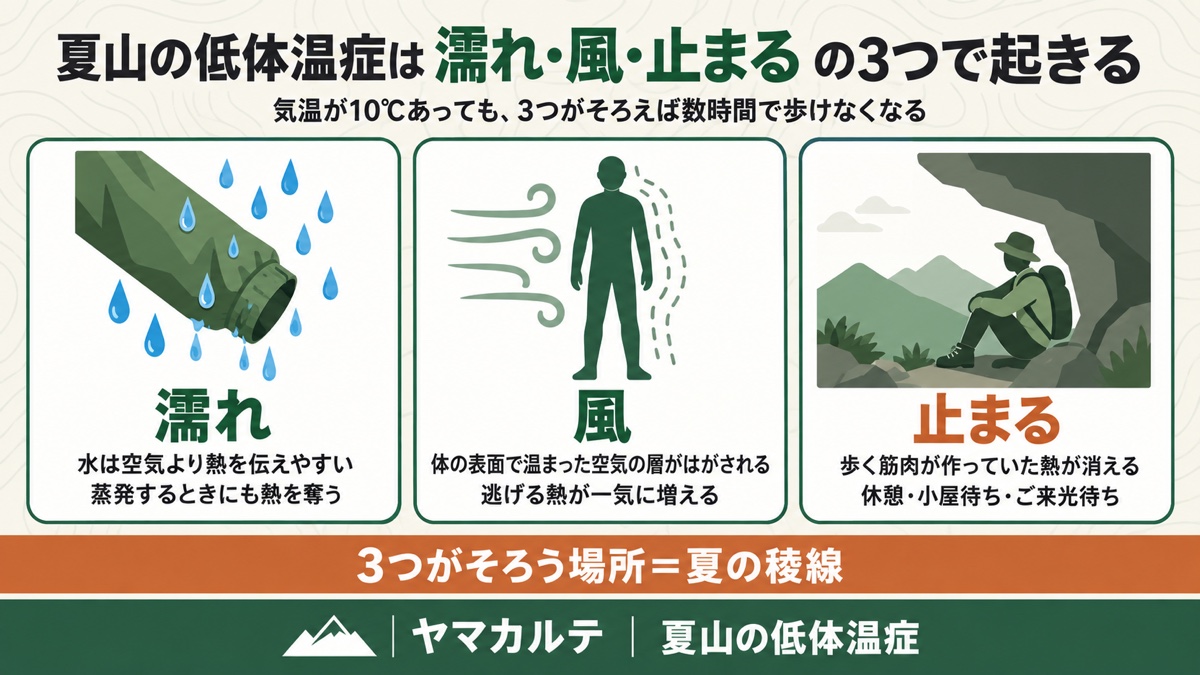 夏山の低体温症は濡れ・風・止まるの3つで起きる 気温10℃でも3つがそろえば数時間で歩けなくなる ヤマカルテ