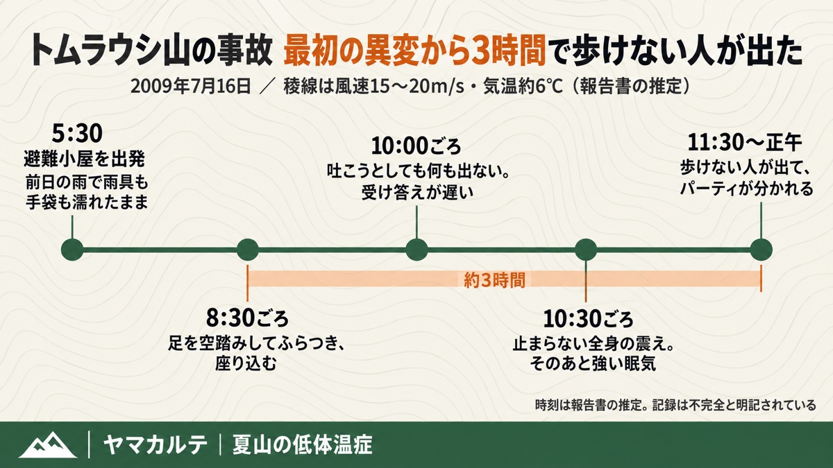 トムラウシ山の事故の経過 5時30分出発 8時30分ふらつき 10時嘔吐 10時30分震えと眠気 11時30分〜正午に歩けない人が出る 最初の異変から約3時間 ヤマカルテ