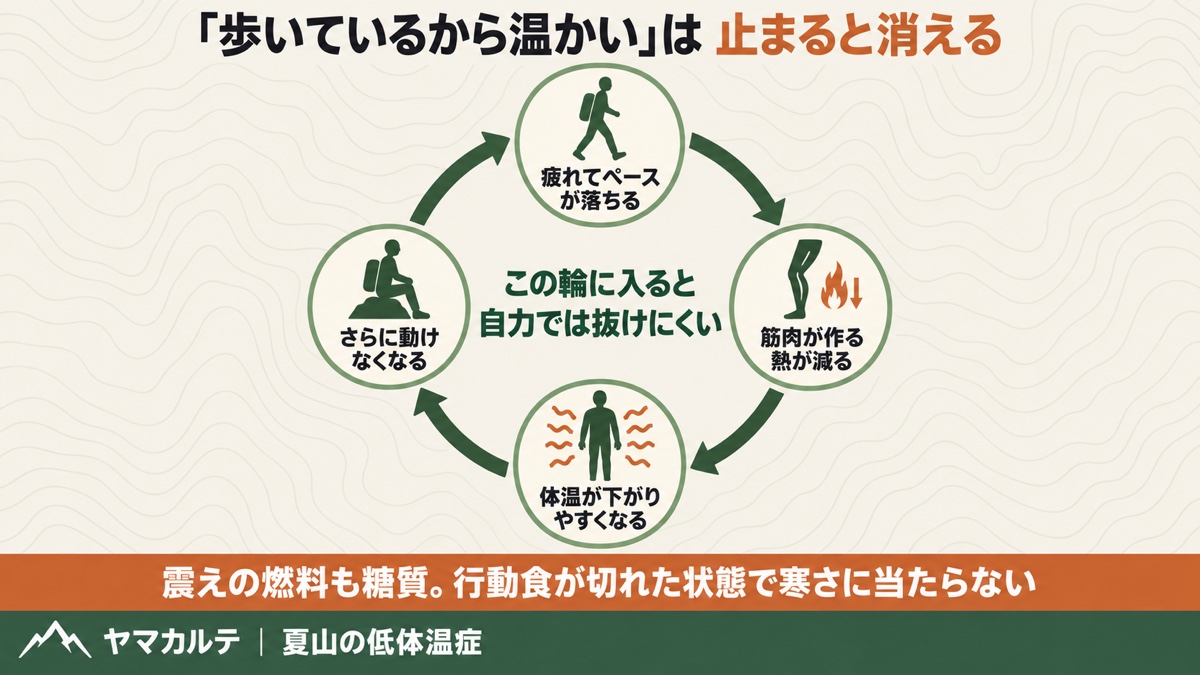 歩いているから温かいは止まると消える 疲れてペースが落ちる→筋肉が作る熱が減る→体温が下がりやすくなる→さらに動けなくなる悪循環 ヤマカルテ