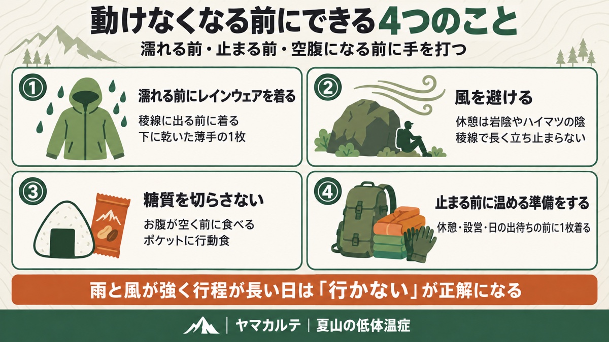 夏山の低体温症で動けなくなる前にできる4つのこと 濡れる前にレインウェアを着る・風を避ける・糖質を切らさない・止まる前に温める準備をする ヤマカルテ