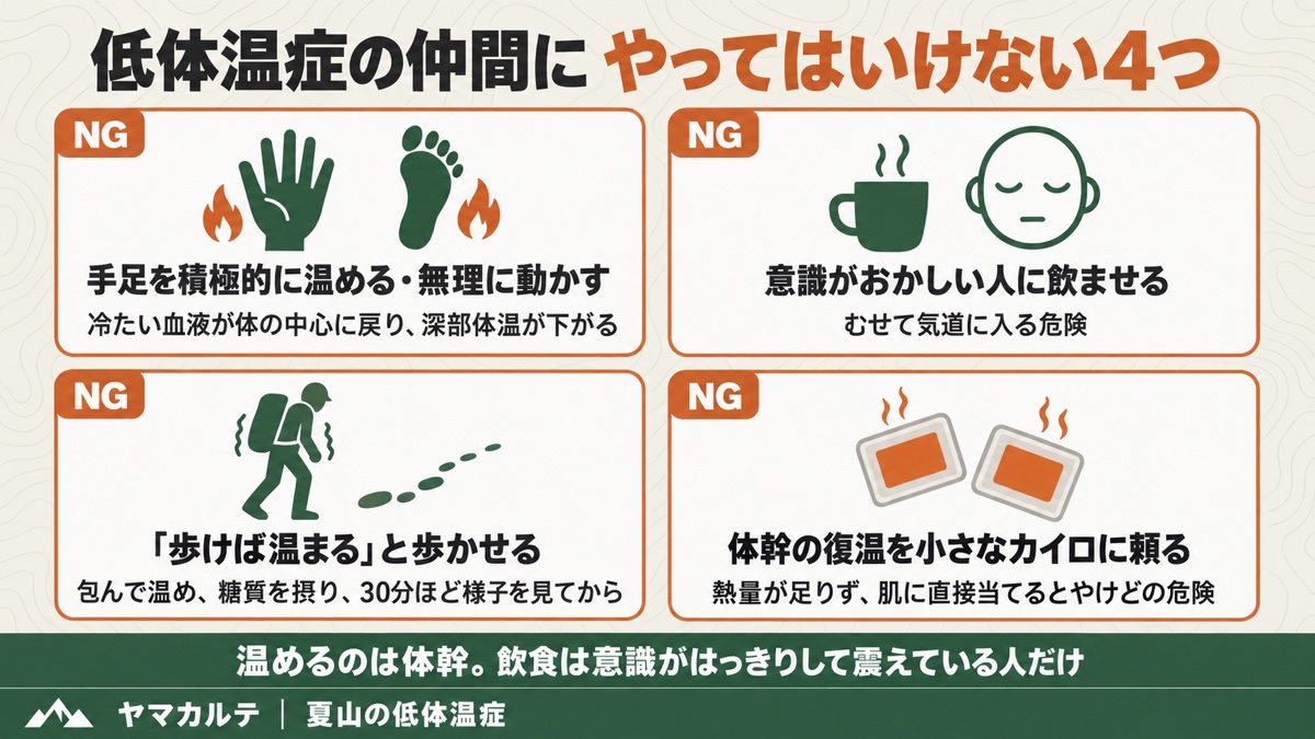 低体温症の仲間にやってはいけない4つ 手足を積極的に温める・意識がおかしい人に飲ませる・歩けば温まると歩かせる・体幹の復温を小さなカイロに頼る ヤマカルテ