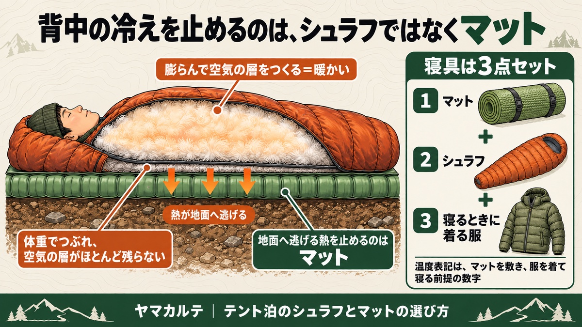 背中の冷えを止めるのはシュラフではなくマットの断面図解 体の下のダウンは体重でつぶれ空気の層が残らない 寝具はマット・シュラフ・寝るときに着る服の3点セット ヤマカルテ