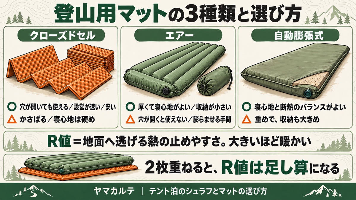 登山用マットの3種類の比較図解 クローズドセル・エアー・自動膨張式の長所と短所 R値は地面へ逃げる熱の止めやすさで2枚重ねると足し算 ヤマカルテ