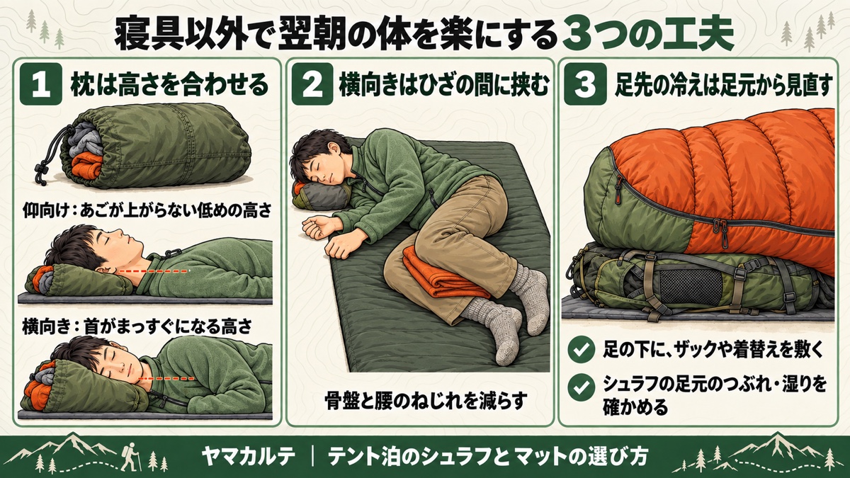 寝具以外で翌朝の体を楽にする3つの工夫の図解 枕の高さ・横向きはひざの間に挟む・足先の冷えは足元から見直す ヤマカルテ